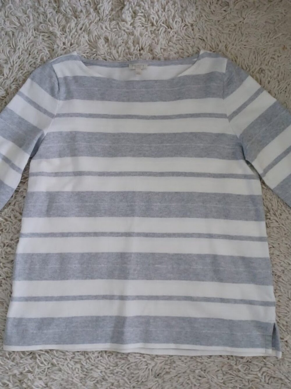 Talbots Womens Petite Large Striped Top Gray White Cotton 3/4 Sleeve Tie Sleeve